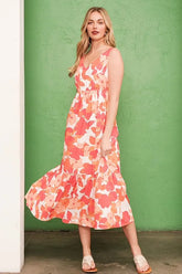 Lime 'N' Chili Sleeveless Floral Print V-Neck Midi Dress ORANGE OutfitFlow